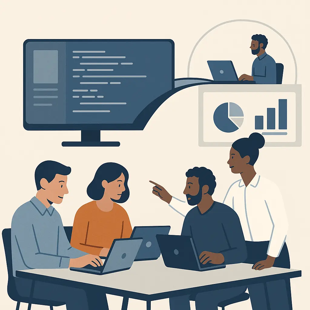 Ilustración corporativa de un equipo de profesionales de tecnología colaborando en laptops, representando el modelo de Staff Augmentation en empresas de IT.